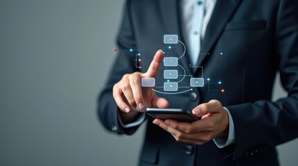 A person interacts with a digital flowchart on a smartphone.