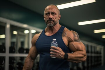 Big Irish man in the gym with a bottle of water in his hands.