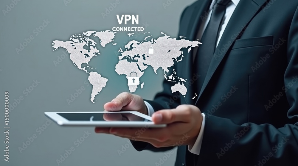 Poster global network security illustration with a digital world map and security lock icon.