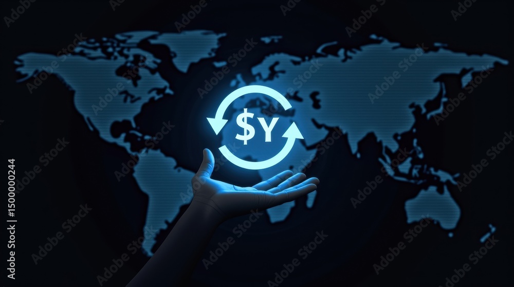 Poster global currency exchange visualized in a hand.