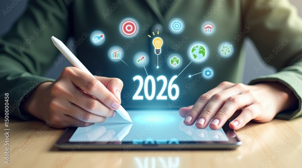 Poster person using a digital stylus on a tablet displaying the year 2026 with various icons.