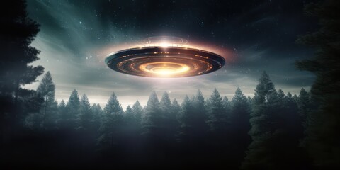 Contact with extraterrestrial civilizations. Photo of UFO - alien spaceship at night. Several people are fascinated looking at the UFO.