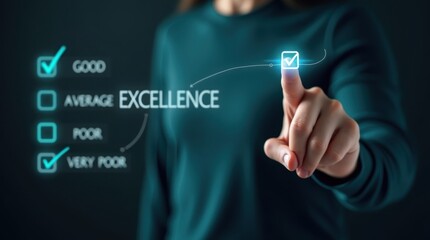Person selecting an excellence rating on a touch screen.