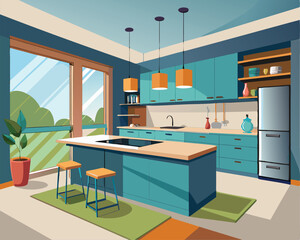 Modern Teal Kitchen Design with Island Counter and Natural Light