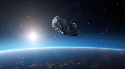 Picture of a meteorite flies over the surface of the Earth. The cosmic threat of the disappearance of civilization.