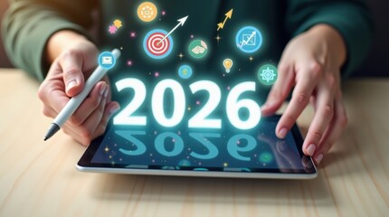 Hands interacting with a digital tablet displaying the year 2026.