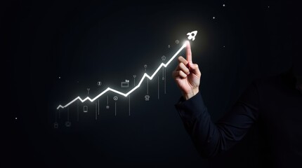 Projected growth trajectory highlighted by a pointing finger.