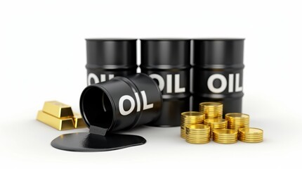 Spilled oil and gold coins representing the decline in oil prices.