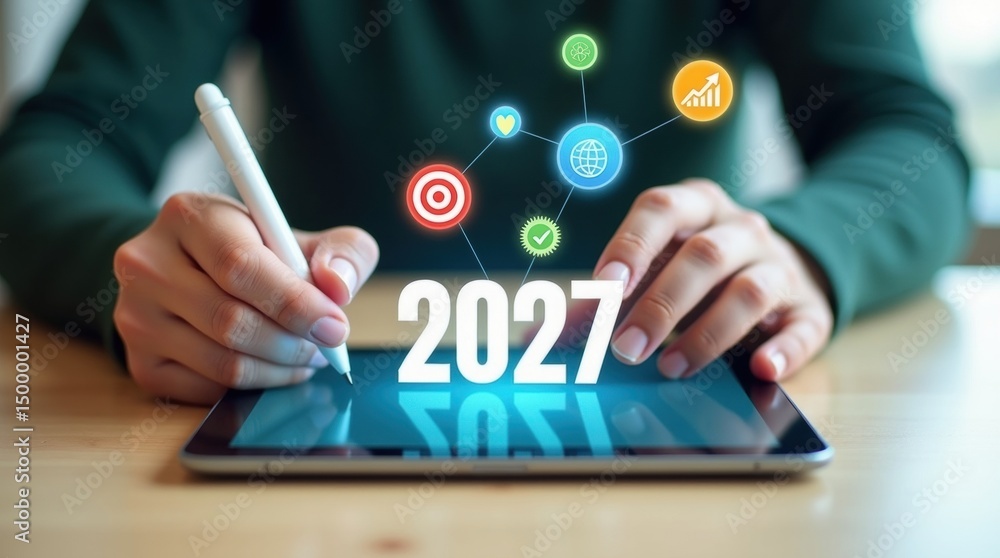 Poster hands interacting with a tablet displaying the year 2027.