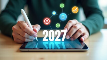 Hands interacting with a tablet displaying the year 2027.
