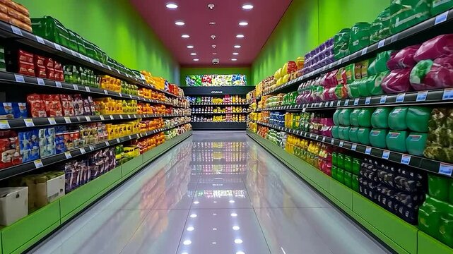 Vibrant Grocery Aisle: A Colorful Supermarket Interior