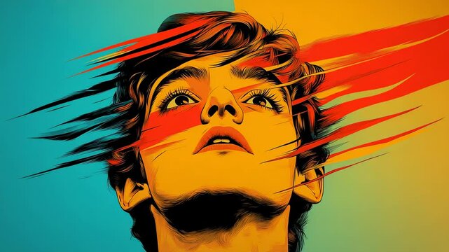 Upward gaze of a person with colorful, dynamic, stylized linework