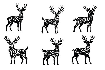 Set of 6 Patterned Deer – Bold Ethnic Vector Design in Black and White Contrast
