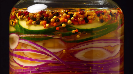 Cross-section View of Pickling Jar Displaying Vibrant Layers of Red Onions, Cucumbers, and Colorful Spices in Clear Brine
