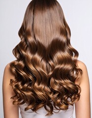 Naklejka premium Luxurious brown curls styled in elegant waves, worn over bare shoulders