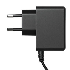 A black electrical adapter with two round prongs and an attached cable.