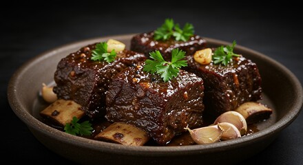 Braised Short Ribs with Garlic and Parsley on a Plate