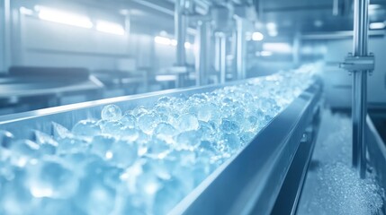 Ice cubes moving on conveyor belt in factory