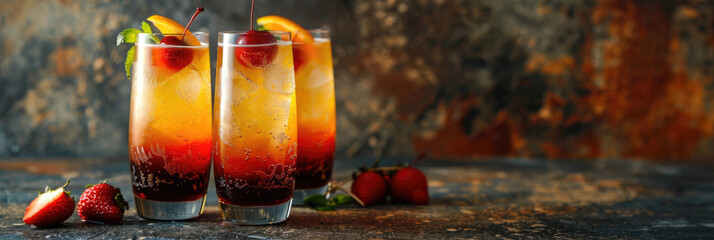 red yellow black citrus cocktail with strawberries, cherries and mint, dark background, National Day of Belgium, horizontal banner, copy space, free space for text