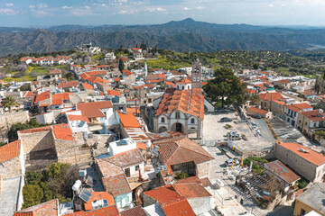 Aerial view of Lefkara village, Cyprus, showcasing traditional architecture and mountainous landscape