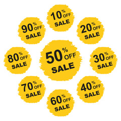 Percent off stickers set. Discounts numbers from 10% to 90%. Vector on transparent background