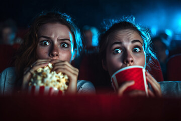 Espectadores aterrados en una sala de cine, reaccionan intensamente durante una escena de suspenso.Miedo colectivo, inmersión total, conexión emocional, catarsis visual.