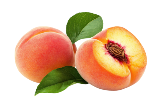 Captivating close up of ripe peaches one sliced open exposing its juicy core hinting at summer on transparent background