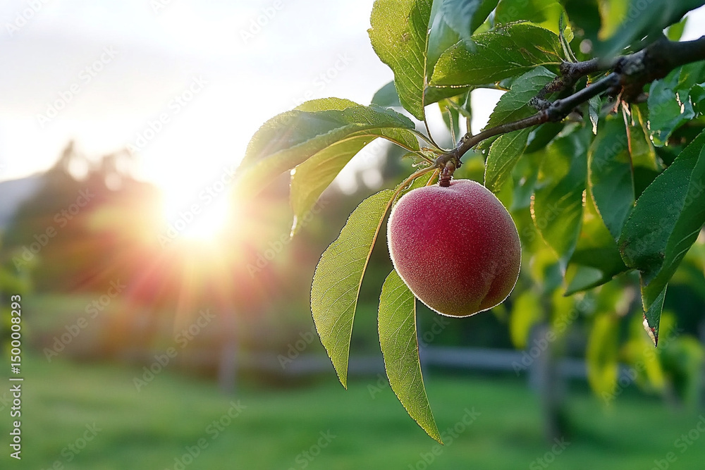 Poster peach on tree branch changing color as it ripens in late afternoon sunlight