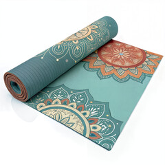 Rolled and unrolled yoga mat with mandala pattern isolated on white background