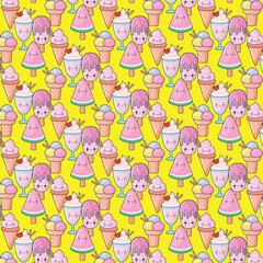 Cute Kawaii Food Characters Seamless pattern with Yellow Background