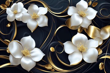 Whimsical white flowers on dark backdrop with gold accents