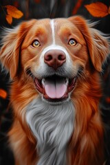 Art-deco style dog. Boho style animal on the background with gold and red details.