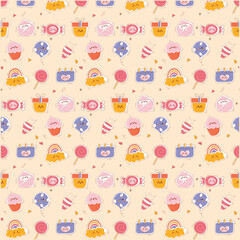 Cute rainbow and sweet chocolate with playful animal faces shameless pattern