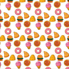 Smiling Snacks Cute Cartoon Food seamless pattern Background