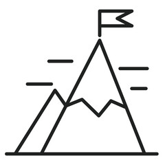 Mountain peak has a flag at top, horizontal lines flow near the mountain, it shows a path or reaching a goal.