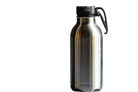 Quench your thirst and embrace sustainable living with a sleek stainless steel water bottle on transparent background
