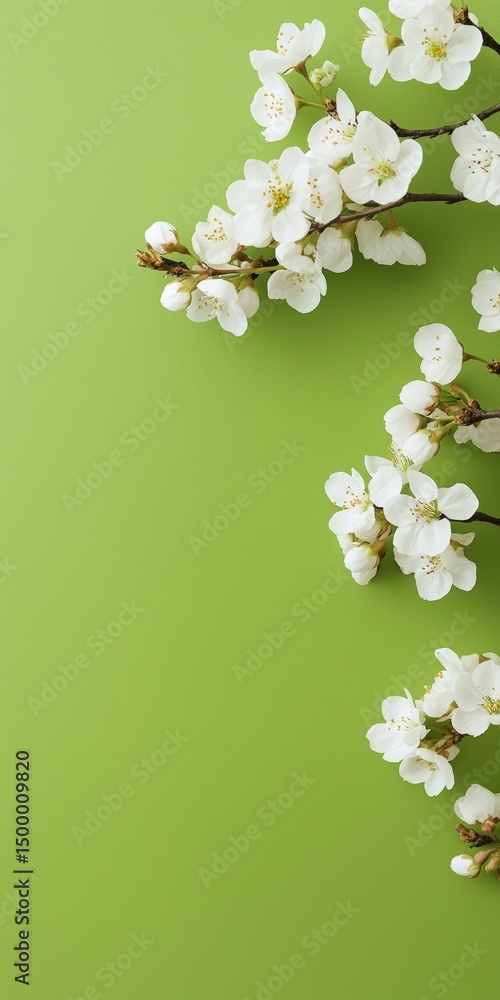 Poster a beautiful green background with white flowers in the foreground. the flowers are arranged in a way