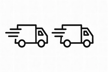 Fast delivery truck icon set showing motion speed lines, express shipping van symbol for logistics courier transport, minimal black outline design isolated on white background for online distribution
