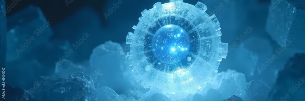 Poster glowing core protected by transparent frozen layers ensures cold encrypted data storage and safety