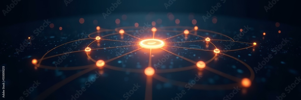 Poster minimal orbital routing scene for cybersecurity presentation and digital infrastructure branding