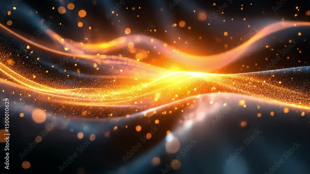 Poster abstract flowing lines of golden light with glittering particles on dark background concept design