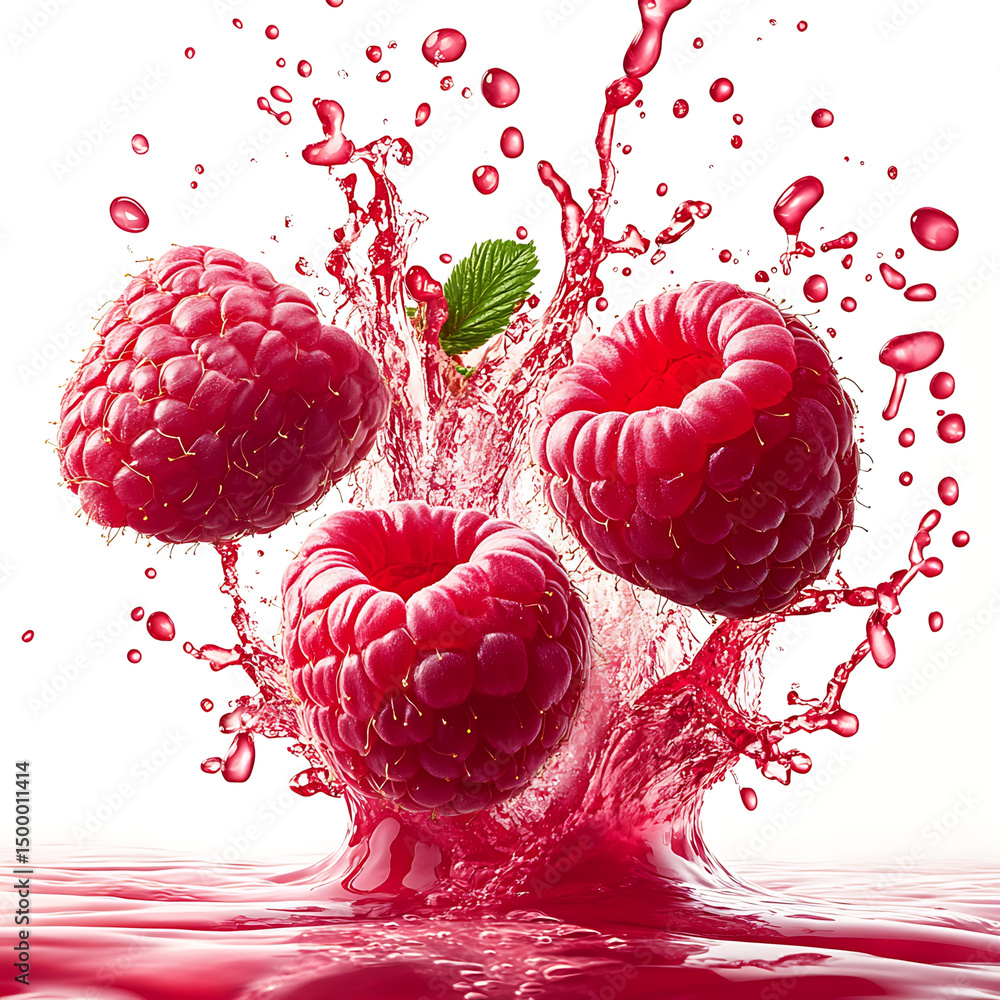 Poster three ripe raspberries splash in vibrant red liquid, creating dynamic and refreshing scene. droplets