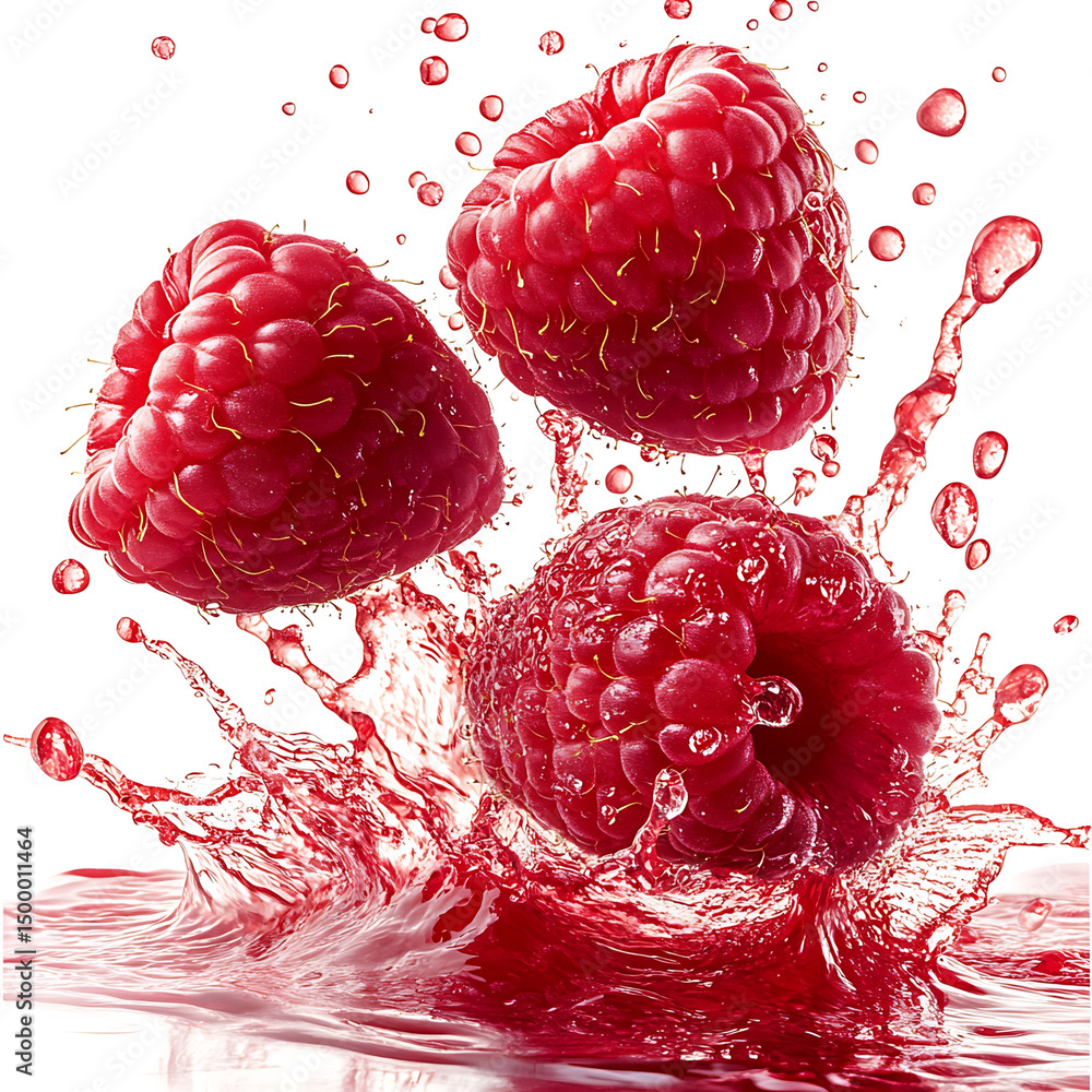 Poster three ripe raspberries suspended midair, splashing in vibrant red liquid, create dynamic and refresh