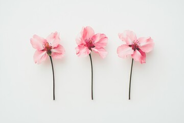 Three delicate, pale pink blossoms arranged in a row against a white background