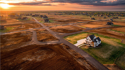 Aerial Drone View of Rural Landscape Transforming into Residential Development with New Roads and Farmland at Sunset