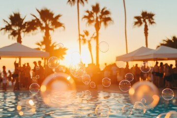 Sunset party by the pool, blurred figures, soap bubbles