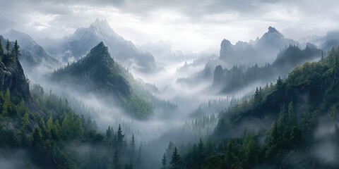 Misty mountain range with lush forests
