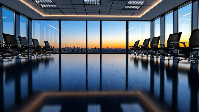 Modern Office with Panoramic City View at Sunset