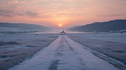 Passenger plane landing on a frosty airport runway at sunrise during early morning hours. 