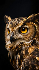 Obraz premium Close-up of an owl with intense golden eyes set against a dark background in 4K. Captures sharp detail and mysterious ambiance, perfect for wildlife wallpaper, digital art, and nature themes.